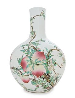 A Large Famille Rose Porcelain Vase, Tianqiuping Height 21 3/4 inches. 粉彩蟠桃圖大天球瓶，高21.75英吋