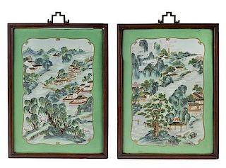 A Pair of Famille Rose Porcelain Plaques 20 3/4 x 15 inches. 綠地扎道粉彩開光山水圖瓷板一對，清，高20.75英吋，寬15英吋