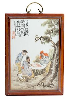 A Famille Rose Porcelain Plaque Height 13 1/2 x width 9 inches. 粉彩松下對弈圖瓷板畫，高13.5x寬9英吋