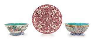 Three Famille Rose Porcelain Dishes Diameter of largest 9 inches. 粉彩碗碟三件，最大直徑9英吋