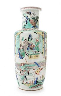 A Famille Verte Porcelain Rouleau Vase Height 18 1/4 inches. 素三彩刀馬人棒槌瓶，高18.25英吋