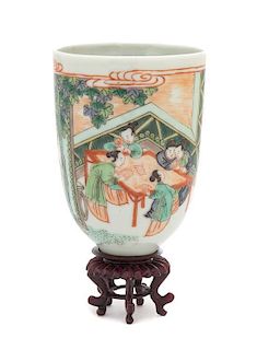 * A Famille Verte Porcelain Tall Cup Height 4 1/4 inches. 素三彩人物圖仰鐘式盃，高4.25英吋