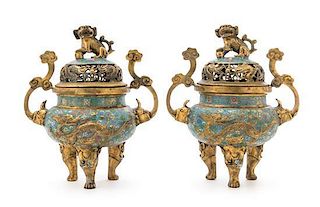 A Pair of Cloisonne Enamel Tripod Censers Height 8 3/4 inches. 掐絲琺瑯三足爐一對，高8.75英吋