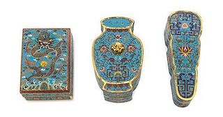 Three Cloisonne Enamel Covered Boxes Length of largest 6 1/2 inches. 掐絲琺瑯蓋盒三件，最長6.5英吋