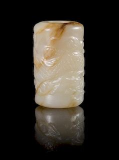 A White Jade Cylindrical Bead Height 1 3/4 inches. 白玉雕龍勒子，高1.43英吋