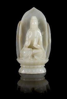 A Near-White Jade Figure of Guanyin Height 4 3/4 inches. 白玉雕觀音坐像，高4.75英吋
