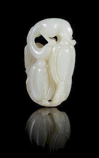 A Carved White Jade Toggle Height 2 1/4 inches. 白玉雕松鼠瓜葉珮，長2,25英吋