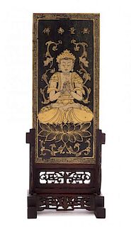 * A Gilt Decorated Spinach Jade Table Screen Height 9 x width 4 inches. 碧玉描金無量壽佛圖桌屏，長9x寬4英吋