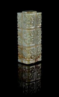 A Celadon Jade Cong-Form Pendant Length 2 1/2 inches. 青玉琮，長2.5英吋