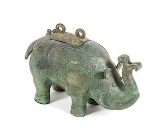 * A Bronze Archaistic Elephant-Form Vessel Length 16 inches. 青铜象形尊，長16英吋