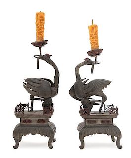 A Pair of Pewter Crane-Form Candle Holders Height of each 16 inches. 錫製仙鶴銜芝燭臺，19世紀，高16英吋