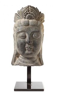 * A Graystone Head of Guanyin Height 15 1/2 inches. 灰石雕觀音頭像，仿唐，高15.5英吋