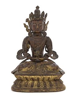 A Sino-Tibetan Gilt Bronze Figure of a Seated Bodhisattva Height 7 1/2 inches. 铜鎏金菩萨坐像，高7.5英吋