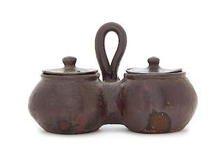 A Brown Glazed Pottery Double Jar Width 8 1/2 inches.