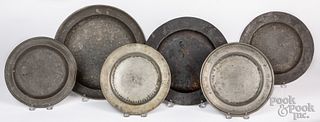 Five pewter plates and basins, 19th c.