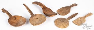 Six wood butter paddles and scoops, 19th c.