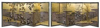 Two Japanese Six-Panel Floor Screens Height of each panel 68 x width 25 1/4 inches.