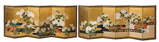 * Two Japanese Six-Fold Screens Height of each panel 40 x width 17 inches.