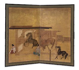 A Japanese Two-Panel Screen each panel 65 1/2 x 37 1/2 inches.