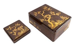 A Lacquer Writing Box, Suzuribako, and Matching Document Box, Ryoshibako Height of largest 6 1/2 x width 12 1/2 x depth 16 inche