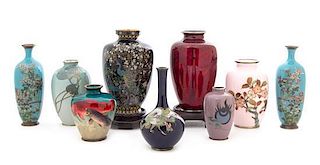 Nine Japanese Cloisonne Enameled Articles Height of tallest 6 1/2 inches.
