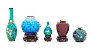 Three Japanese Cloisonne Enamel Vases Height of tallest 6 inches.