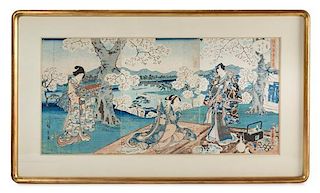 Utagawa Hiroshige and Utagawa Toyokuni, (1797-1858, 1786-1865), depicting two geishas and one male observing cherry blossom in a