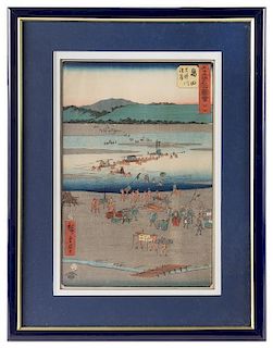 * Utagawa Hiroshige, (Japanese, 1797-1858), The Suruga Bank of the Oi River near Shimada from the series Pictures of the Famous