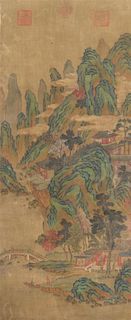 After Zhao Boju, (1120-1182), depicting a landscape with steep mountains amongst clouds, houses amidst rockery and a bridge abov