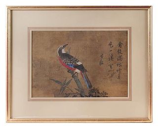 After Du Jin, (Active 1465-1509), depicting a bird perched on bamboo ink and color on silk, framed and signed Gu Kuang. 杜堇，花鳥，設色絹本