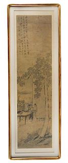 Shangguan Zhou, (1665-1750), Tang Dynasty scholar Bai Juyi and lady Xiao Man 上官周，人物，設色紙本，鏡片，高56x寬14.5英吋