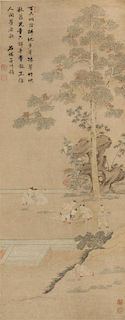 * An Ink and Color Painting on Paper Scroll, QING DYNASTY, 17TH/18TH CENTURY, depicting playful children under trees in a garden 無款，清17/18世