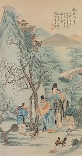 * Attributed to Chen Baolu, (1858-1913), depicting immortals in a mountain setting. 陈宝路（款），桃源問津，設色紙本，鏡片，高69x