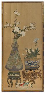 An Ink and Color Painting on Silk Scroll 43 x 19 3/4 inches (image). 無款，19世紀，花果，設色絹本，鏡片，高43x寬19.75英吋