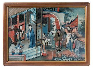 A Reverse Painted Glass Panel 18 x 25 1/2 inches. 彩繪玻璃人物圖，高18×寬25.5英吋