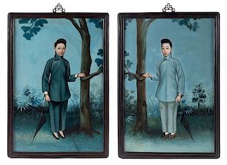 * Two Painted Portraits on Board 25 1/2 x 17 1/4 inches. 中國外銷油畫肖像兩幅，19世紀末，高25.5x寬17.25英吋