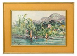 * Ran In-Ting (Lan Yinding), (1903-1979), Formosa 藍蔭鼎，山水，設色紙本，鏡片，高12.5x寬19.25英吋