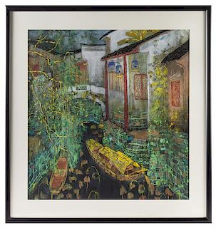 Fang Xiang, (Chinese, b. 1967), depicting two boats under a bridge in a river between houses and trees 方向，橋下小船，設色紙本，鏡片