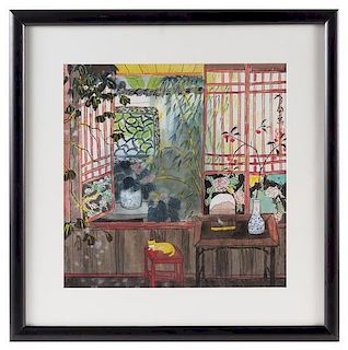 Fang Xiang, (Chinese, b. 1967), depicting an indoor scene with side tables one with a bird cage and a flower-filled vase, the ot 方向，花窗內外