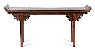 An Elmwood Table Length 73 1/2 x width 15 3/4 x height 35 1/4 inches. 榆木長條桌，長73.5x寬15.75x高35.25英吋