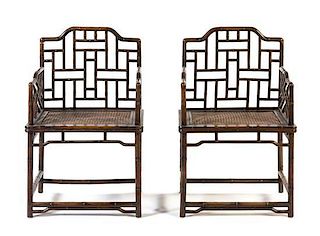 A Pair of Elmwood Armchairs Height of chairs 36 1/4 inches. Height of table 26 1/2 x width 17 3/4 x depth 12 5/8 inches. 榆木玫瑰椅一對及方