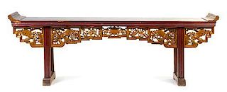 A Gilt and Red Lacquered Elmwood Altar Table Height 37 1/2 x width 109 1/2 x depth 18 1/2 inches. 榆木金飾紅漆長條桌，高37.6x長109.5x深18