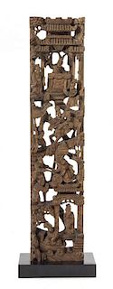 Two Carved Wood Panels Length of larger: 25 3/4 inches. 鏤空人物圖木雕兩塊，最长25.75英吋