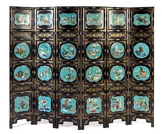 A Cloisonne Enamel Inset Gilt Decorated Black Lacquered Six-Panel Floor Screen Height of each panel 77 x width 16 inches. 六聯扇嵌景泰藍描金