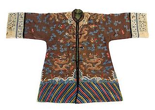 A Chinese Embroidered Silk Coat Length 32 1/2 inches. 香色地緞繡雲龍紋袍，19世紀，高32.5英吋