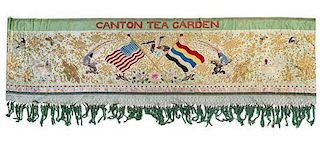 A Canton Tea Garden Metallic Thread Embroidered Panel Height 38 1/4 inches x width 53 feet 6 inches. 金銀線刺繡茶圍面料，20世紀初，高38