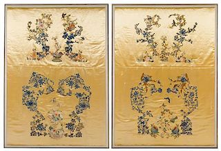 A Rare Set of Six Chinese Imperial Yellow Embroidered Silk Panels 19TH CENTURY Largest 66 x 44 1/2 inches.