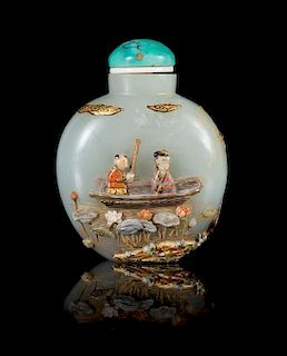 An Embellished Celadon Jade Snuff Bottle Height 2 5/8 inches. 青玉嵌寶鼻煙壺，壺：18世紀末/19世紀初，嵌飾：1850-1870，高2.625英