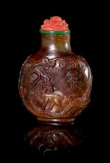 A Carved Bowenite Snuff Bottle Height 2 5/8 inches. 鮑文玉雕雙駒圖鼻煙壺，高2.625英吋