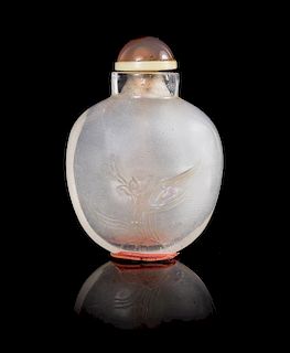 A Rock Crystal Snuff Bottle Height 2 1/2 inches. 水晶刻花鼻煙壺，高2.5英吋
